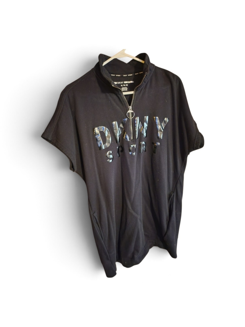 Dkny Black Short-Sleeve Half-Zip Pullover with Iridescent Logo